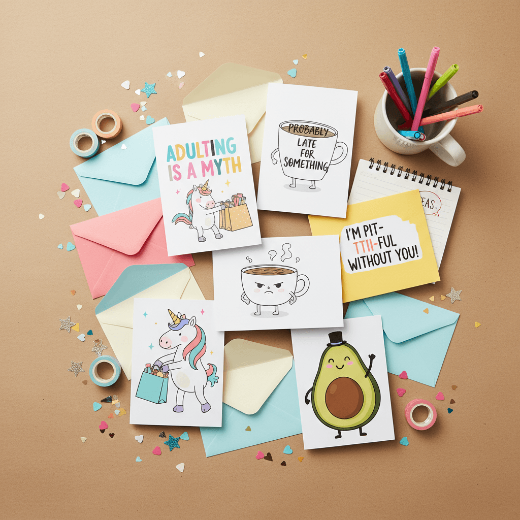Collection of colorful greeting cards with comedic designs scattered on craft paper with decorative elements