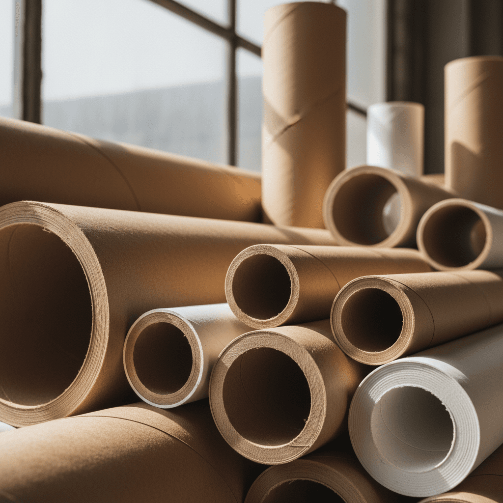 Close-up of stacked paper tubes in various diameters showing spiral seams and texture detail
