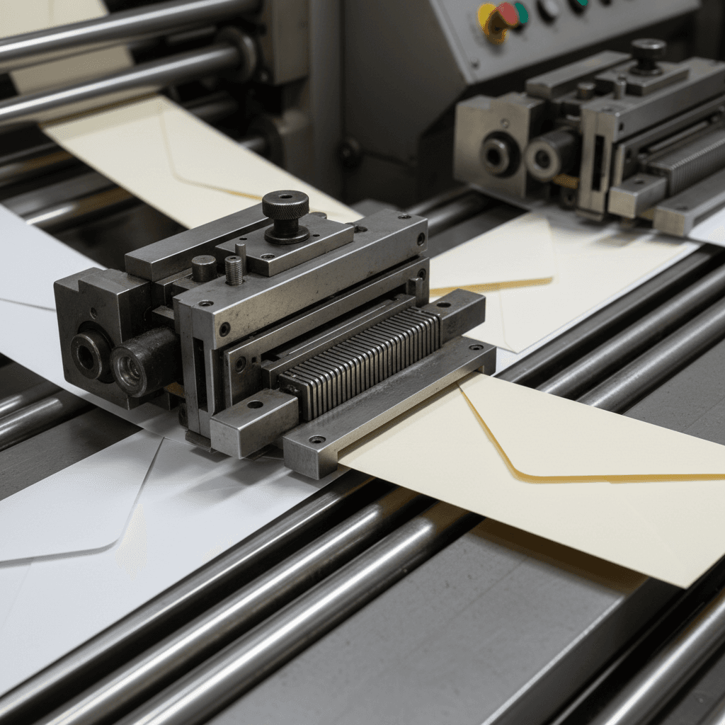Close-up of high-speed envelope manufacturing machinery processing specialty envelopes with precision metal dies