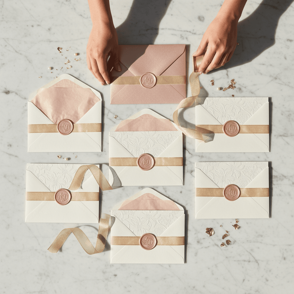 Overhead view of hands arranging invitation components with envelopes, ribbon, seals, and embellishments on marble surface