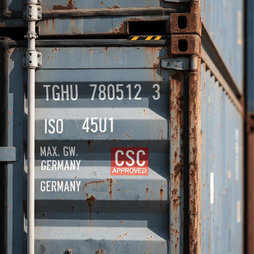 Close-up of shipping container surface showing painted identification codes, safety markings, and weathered metal texture