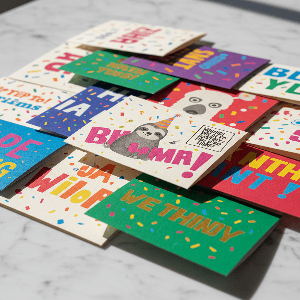 Colorful greeting cards fanned out displaying witty designs, bold typography, and comedic illustrations on white marble surface