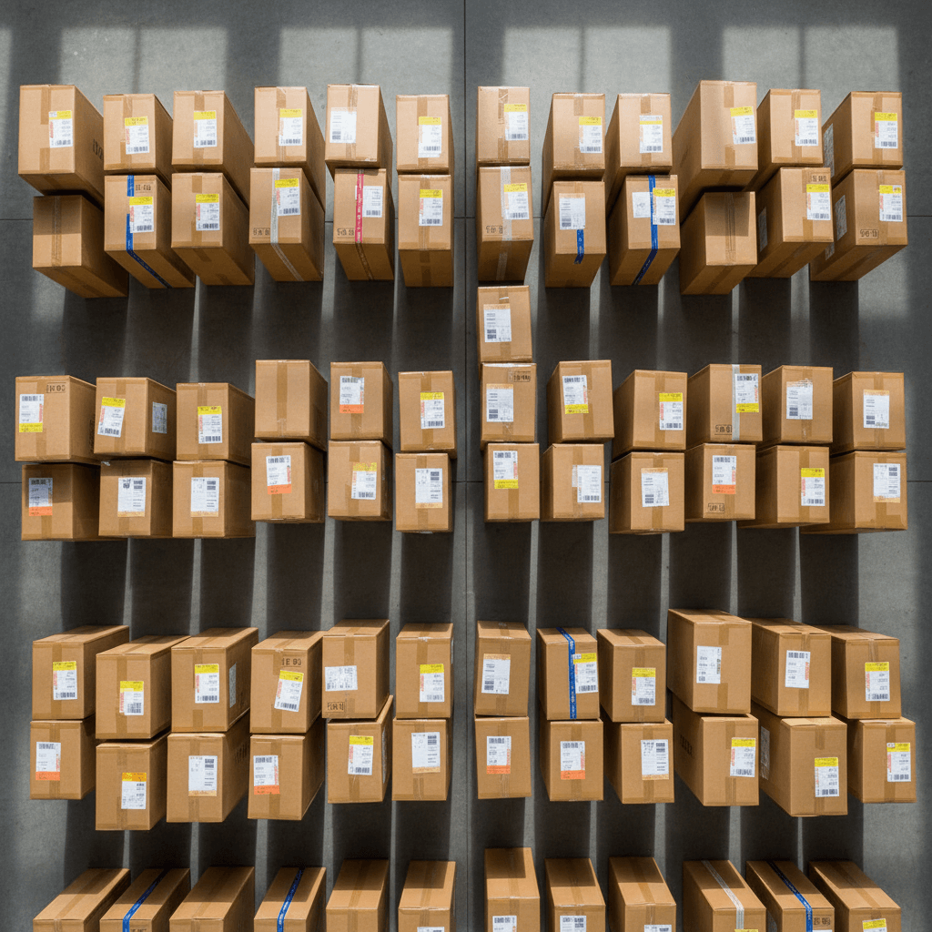 Overhead view of stacked cardboard delivery packages organized and ready for dispatch in warehouse facility
