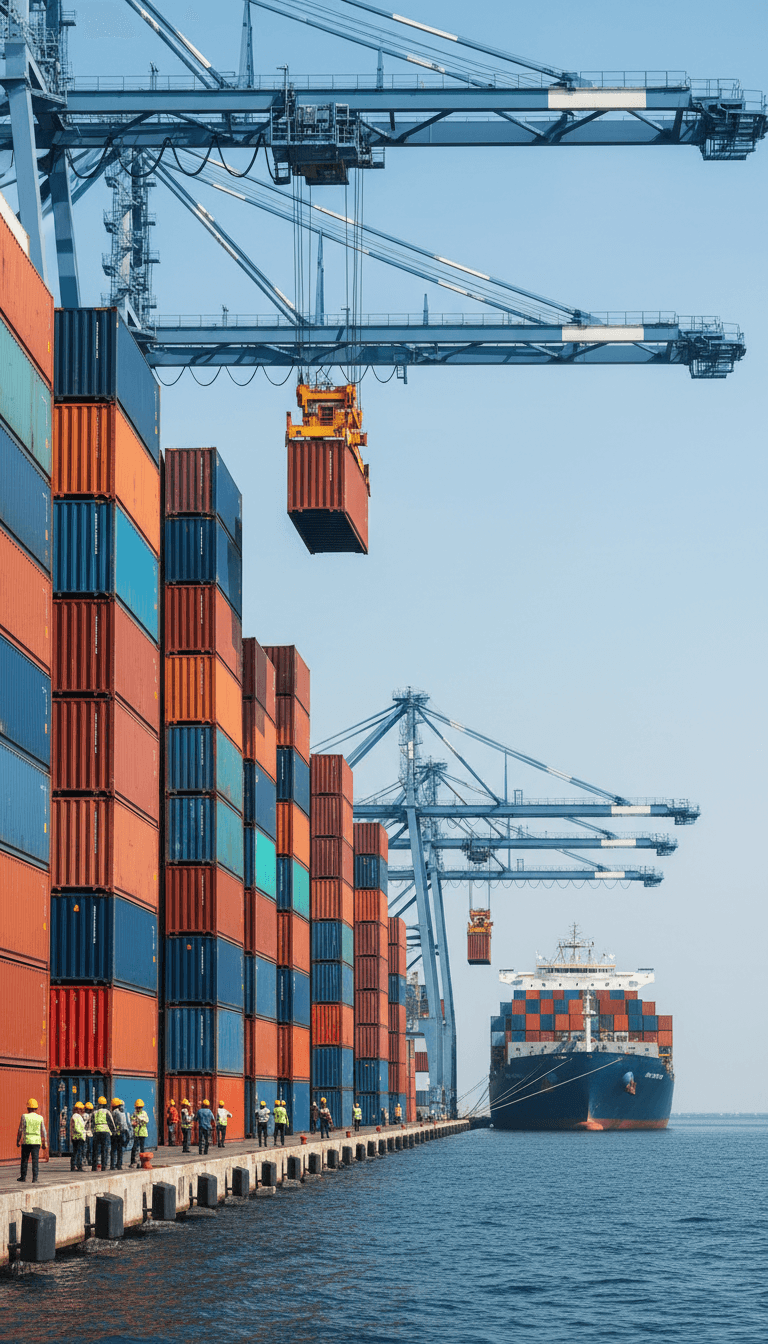 Busy international shipping port with stacked containers, loading equipment, and workers coordinating cargo operations at dock